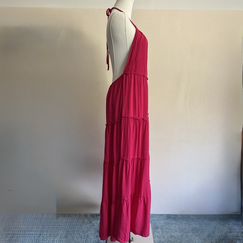 Slate & Willow Dark Pink Maxi Halter Tiered Dress Size XS Open Back Lined - Picture 2 of 16